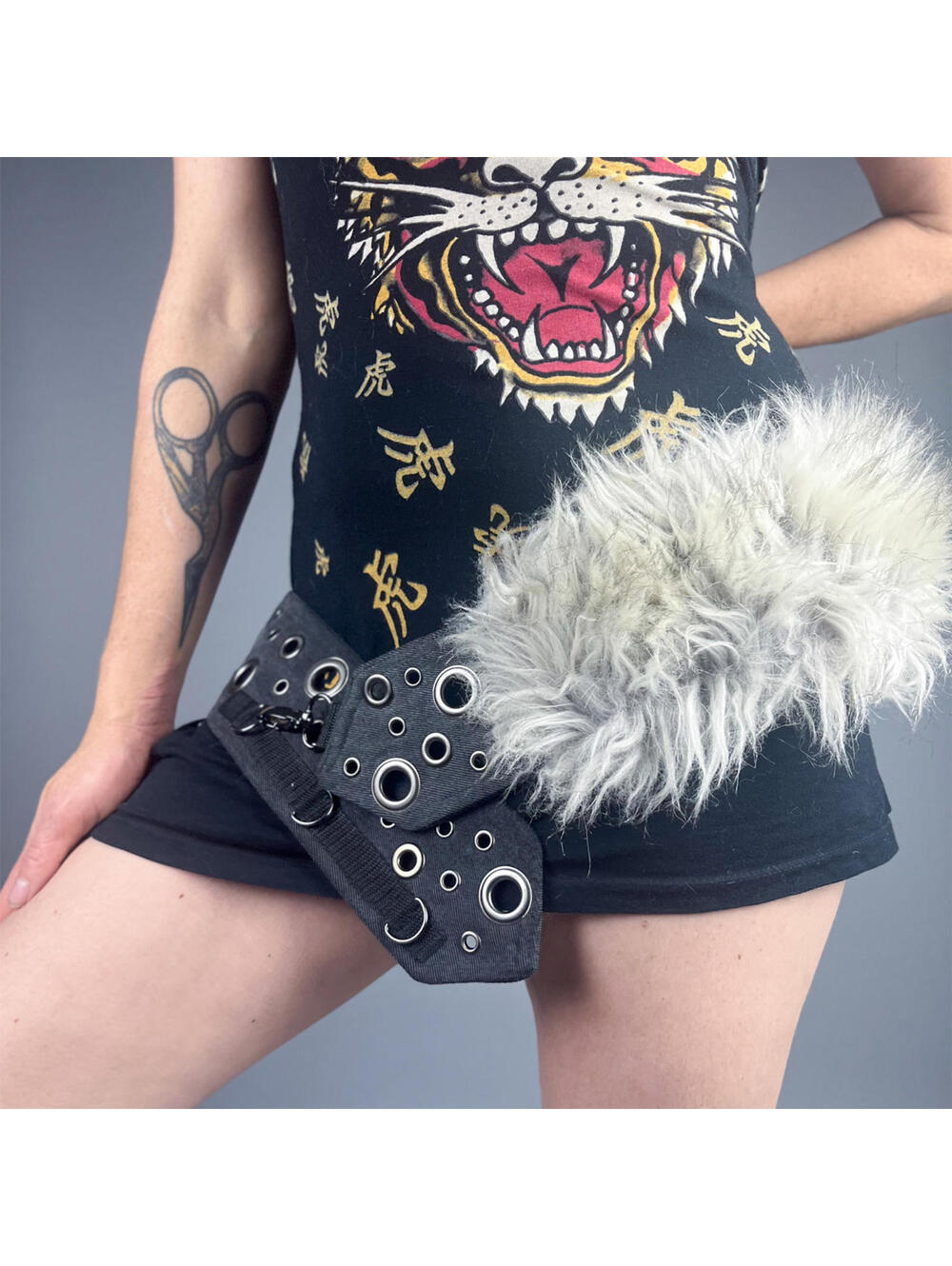 Statement Faux Fur Belt with Grommets, D-Rings and Clasp Closure, Upcycled